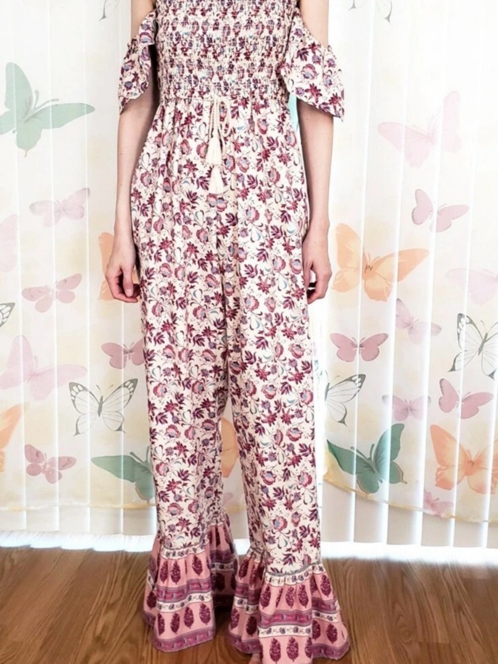 B.O.G Collective Floral Smocked Wide Leg Jumpsuit Pink Purple Boho Medium‎